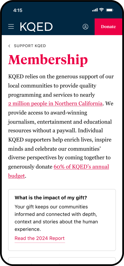 The top of the Membership page is shown on a mobile device with a brief description of who KQED is, its mission, and what is made possible through member funding.